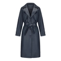 Detail of classic lapel and waist belt tie on women's oversized long PU leather trench coat - S / Navy Blue