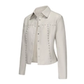 Close-up of cream PU leather jacket with silver studs and metal snap buttons - Off White
