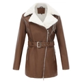 Women's brown faux leather jacket with white faux fur lining and waist belt - S / Tops / Coffee