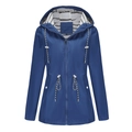 Detail view of water-resistant long raincoat featuring striped lining and drawstring waist - Royal Blue
