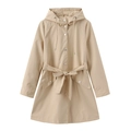 Detailed view of the drawstring hood and silver snap buttons on the khaki windbreaker - Apricot