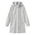 Detail of light grey outdoor trench coat featuring adjustable hood and hidden zipper - Grayish White