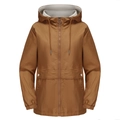Detail view of brown hooded windbreaker with zip closure and white buttoned large pockets - S / Camel