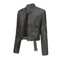 Detail of dark grey faux leather biker jacket with stand collar and adjustable belt - S / Gray
