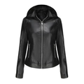 Women's black hooded faux leather jacket with metal zipper and slim fit design - M / Black
