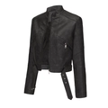 Detail of black faux leather biker jacket with metallic zippers and adjustable waist belt - S / Black