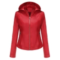 Women's bright red hooded faux leather jacket with quilted shoulder detail and zippers - S / Red
