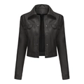 Detail of black faux leather jacket featuring chest flap pockets and button closure - Black