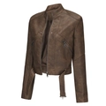 Detail of vintage brown biker jacket with metallic zippers and textured leather - S / Camel