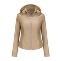 Women's slim fit khaki faux leather jacket with detachable hood and quilted sleeve details - S / Khaki