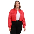 Women's short loose red faux leather jacket with lapel and button closure - Red (Plus Size)