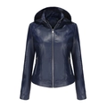 Women's dark blue hooded faux leather jacket with quilted details and zipper pockets - S / Dark Blue