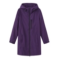 Detail of dark purple hooded windbreaker featuring zip pockets and adjustable cuffs - Deep purple