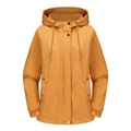 Detailed view of ginger yellow windbreaker featuring hooded drawstring and flap pockets - Gold Yellow