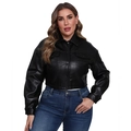 Women's black faux leather jacket with lapel collar and front snap buttons - Black (Large)