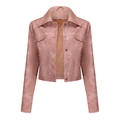 Detail of pink faux suede jacket with collar, buttons and utility pockets on chest - Lotus root pink