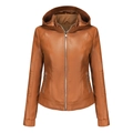 Chaqueta de cuero sintético para mujer en color camel con capucha y detalles acolchados - S / Camel