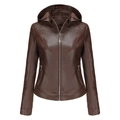 Women's brown hooded leather jacket with quilted shoulder detail and zip pockets - Coffee