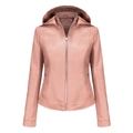 Women's faux leather hooded jacket in dusty rose with quilted shoulders and zipper pockets - Pink
