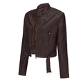 Close-up of dark brown PU biker jacket featuring metal zipper and adjustable waist belt - S / Red Brown