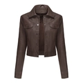 Detail of a dark brown faux leather jacket featuring buttoned chest pockets and collar - Coffee
