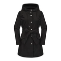 Detalle de la chaqueta cortavientos impermeable con capucha, botones y cinturón de lazo - S / Negro