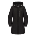 Dettaglio della giacca con cappuccio idrorepellente da donna con zip argento e finitura opaca - S / Nero