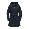 Detail of navy blue hooded trench coat with adjustable drawstring and metal snap buttons - Dark Blue