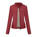 Detailed view of dark red faux leather jacket with stand collar and metallic zippers - Burgundy