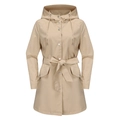 Detail view of khaki hooded windbreaker showing metal snap buttons and adjustable drawstrings - Apricot