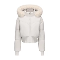 Close-up of white padded jacket showing plush fur trim hood and ribbed waist detail - S / Grayish White