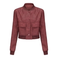 Detail of burgundy PU leather jacket with ribbed hem and oversized flap chest pockets - Burgundy