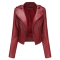 Women's slim fit dark red PU leather biker jacket with rivets and zipper details - Burgundy