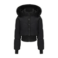Detail of black hooded jacket with fluffy faux fur collar and quilted V-shape texture - S / Black