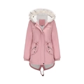 Close-up of pink parka with white faux fur hood, fleece lining and waist drawstring - S / Pink
