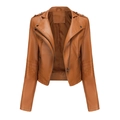 Slim fit brown PU leather motorcycle jacket for women with metal studs and zipper - Camel