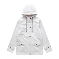 Dettaglio della giacca impermeabile grigio chiaro con coulisse a righe e bottoni a scatto - S / Bianco Grigiastro