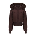 Detail of faux fur hood and ribbed cuffs on a dark brown short padded winter jacket - S / Brown