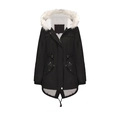 Close-up of black parka featuring plush white faux fur collar and warm fleece lining - S / Black