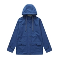Detail of medium blue hooded windbreaker with black snap buttons and adjustable drawstrings - Navy Blue