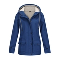 Detail of navy windbreaker with warm white sherpa fleece lining and adjustable hood drawstring - Navy Blue