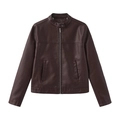 Women's dark brown faux leather motorcycle jacket with stand collar and silver zippers - XS / Coffee