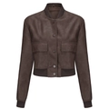 Chaqueta bomber de cuero PU marrón oscuro para mujer con puños acanalados y botones - S / café