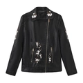 Damen Bikerjacke aus schwarzem PU-Leder mit feiner Blumenstickerei und schmaler Passform - S / Schwarz
