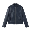 Detailed view of navy blue faux leather jacket featuring stand collar and zipper pocket - XS / Dark Blue