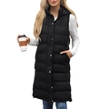 Women's long hooded sleeveless puffer vest in black with quilted padding and buttons - S / Black