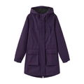Detail of dark purple hooded rain jacket with adjustable drawstrings and flap pockets - Deep purple