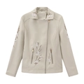Detail der Blumenstickerei auf cremefarbener Kunstleder-Motorradjacke mit Metallzippern - S / Gebrochenes Weiß