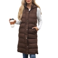 Long hooded padded vest in chocolate brown with quilted texture and snap buttons - S / Coffee
