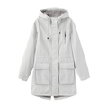 Flat lay detail of a hooded rain parka with zipper closure and large utility pockets - Grayish White